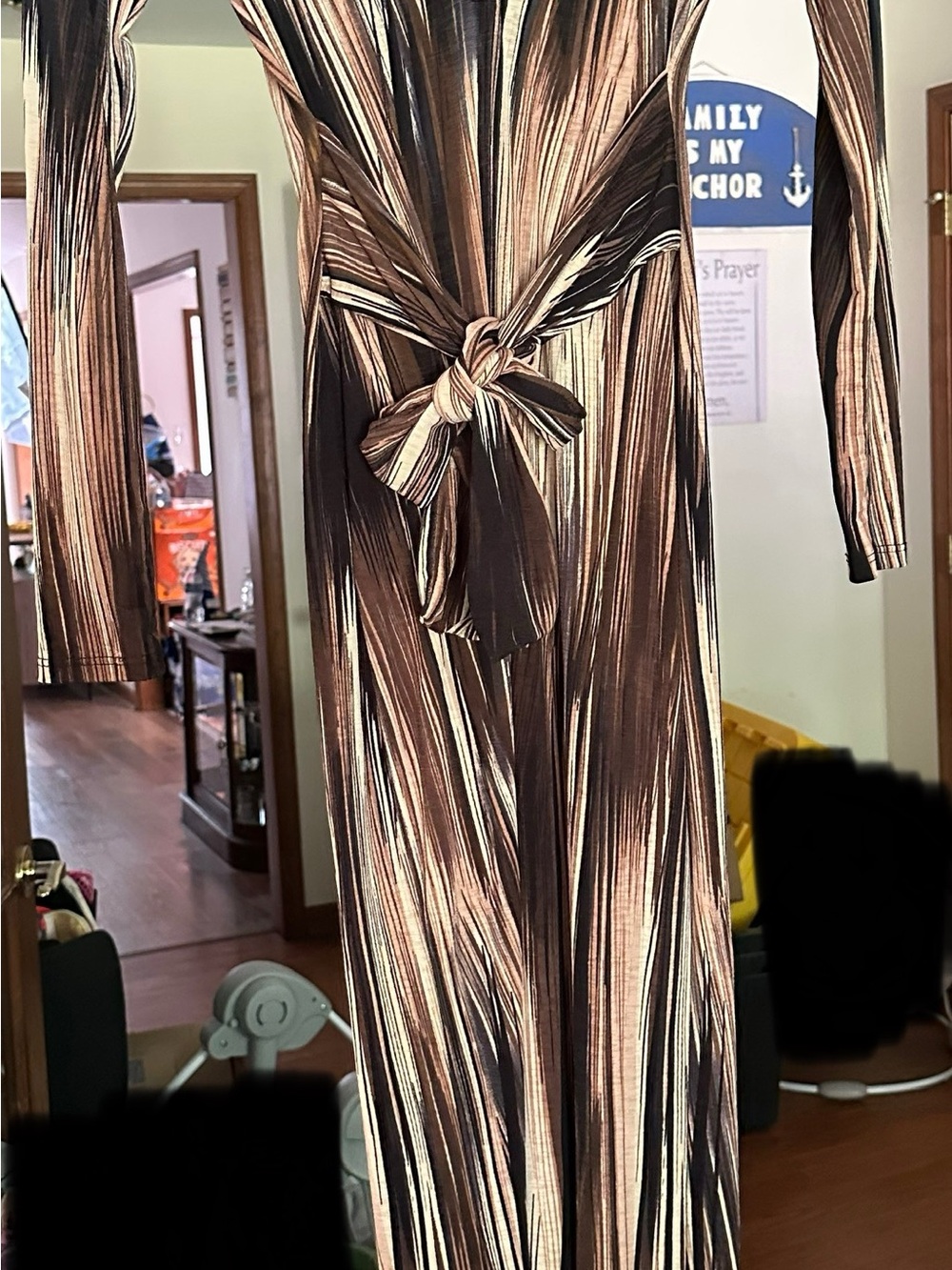 Fashion Nova Brown & Cream Striped Wrap Maxi Dress - Long Sleeve